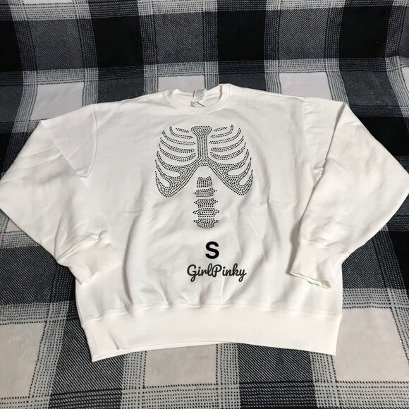VS PINK BLING HALLOWEEN SWEATSHIRT WHITE & BLACK SKELETON RHINESTONE SIZE SMALL - Picture 1 of 9